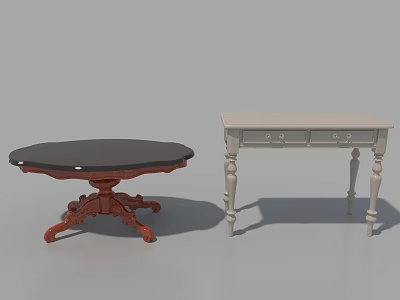 Dark Round Table With Red Carved Legs And Light Rectangular Table With White Carved Legs 3d model