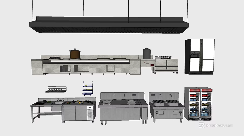 Professional Commercial Kitchen Setup With Various Appliances Stoves Refrigerator And Freezers 3d model 