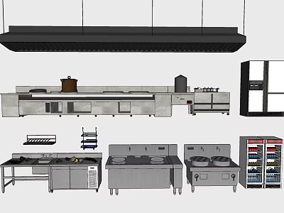 Professional Commercial Kitchen Setup With Various Appliances Stoves Refrigerator And Freezers 3d model