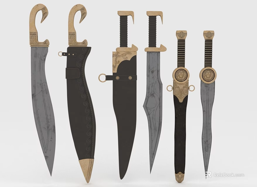Different Types of Bladed Weapons Featuring Ornate Handles and Leather Sheaths 3d model 
