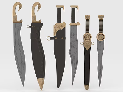 Different Types of Bladed Weapons Featuring Ornate Handles and Leather Sheaths 3d model