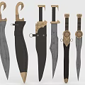 Different Types of Bladed Weapons Featuring Ornate Handles and Leather Sheaths
