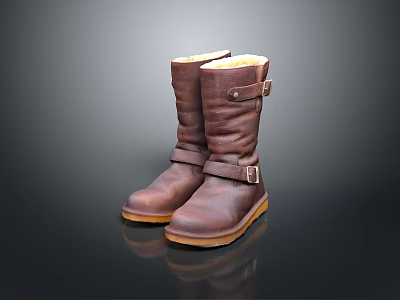 Brown Leather Boots With Straps Buckles Fleece Lining And Yellow Soles For Daily Life 3d model