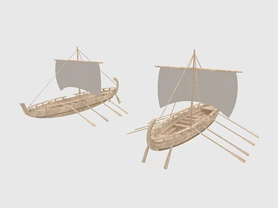 Two Traditional Wooden Boats with Sails and Oars on Light Background 3d model