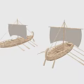 Two Traditional Wooden Boats with Sails and Oars on Light Background