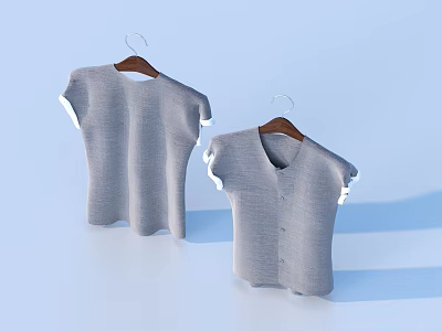 Gray Short Sleeve Shirts With White Trimmed Cuffs On Wooden Hangers Light Blue Background 3d model