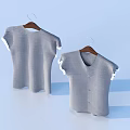 Gray Short Sleeve Shirts With White Trimmed Cuffs On Wooden Hangers Light Blue Background