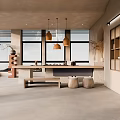 Elegant Modern Office Interior With Large Windows Pendant Lights And Wooden Shelves