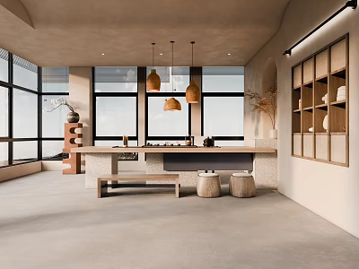 Elegant Modern Office Interior With Large Windows Pendant Lights And Wooden Shelves 3d model