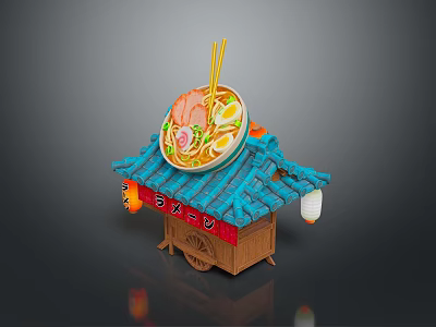 Modern Ramen Stall Design With Blue Roof Ramen Bowl And Hanging Lanterns 3d model