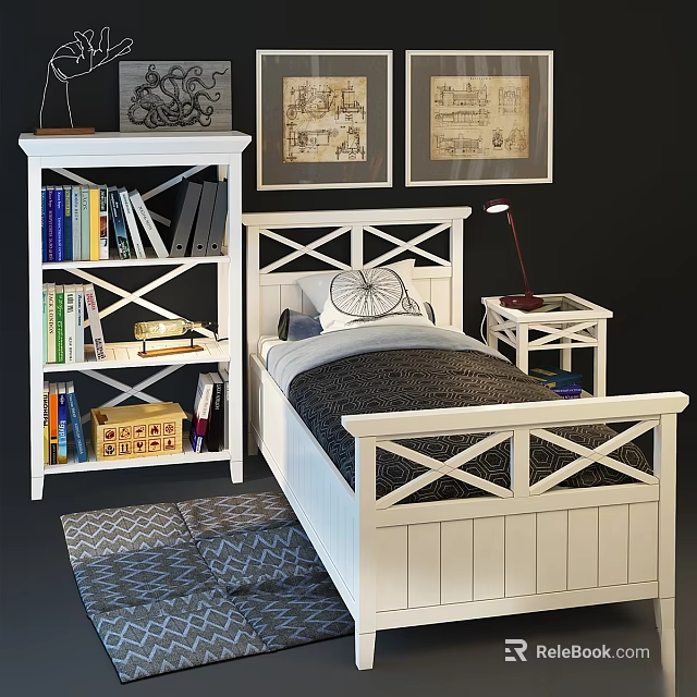 White Kids Bed with Cross Pattern Headboard Wooden Bookshelf Side Table Lamp and Soft Rug 3d model 