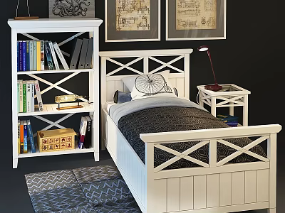 White Kids Bed with Cross Pattern Headboard Wooden Bookshelf Side Table Lamp and Soft Rug 3d model