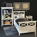 White Kids Bed with Cross Pattern Headboard Wooden Bookshelf Side Table Lamp and Soft Rug