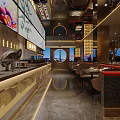 Elegant Restaurant Interior With Dining Tables Chairs Wall Art Decorative Plants And Pendant Lights