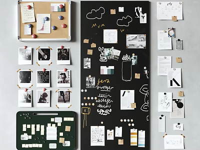 Creative Photo Wall Featuring Decorative Photos Notes Drawings And Cards On Various Boards 3d model