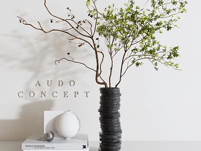 Modern Decorative Black Vase With Tall Branches And Green Leaves For Home Interior 3d model