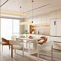Modern Dining Room Interior With White Dining Table Chairs Pendant Lights And Cabinets 3d model