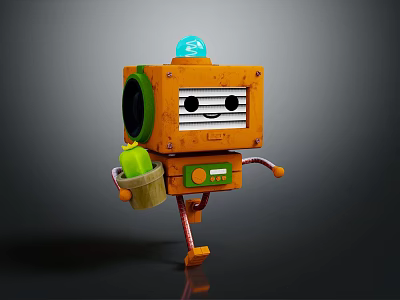Cartoon Orange Robot Character With Blue Top Holding Green Bottle And Striped Legs 3d model