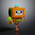 Cartoon Orange Robot Character With Blue Top Holding Green Bottle And Striped Legs
