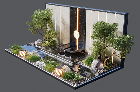 Waterscape Wall Landscape Plant Group Moss Waterscape Landscape Light Stone Gravel Shrub Dropping Waterscape 3d model