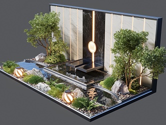 Waterscape Wall Landscape Plant Group Moss Waterscape Landscape Light Stone Gravel Shrub Dropping Waterscape 3d model