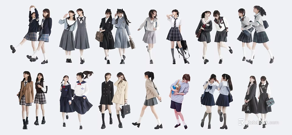 Group of Young Schoolgirls in Different Uniforms with Various Poses 3d model 
