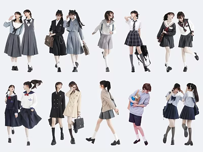 Group of Young Schoolgirls in Different Uniforms with Various Poses 3d model