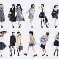 Group of Young Schoolgirls in Different Uniforms with Various Poses