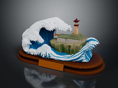 Cartoon Scene With Big Wave Lighthouse Island And Wooden Base 3d model