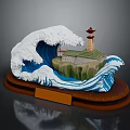 Cartoon Scene With Big Wave Lighthouse Island And Wooden Base