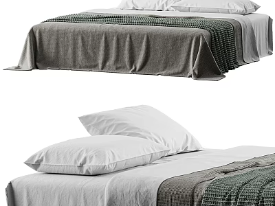 Modern Double Bed With White Pillows And Gray Knit Blanket On White Sheets 3d model