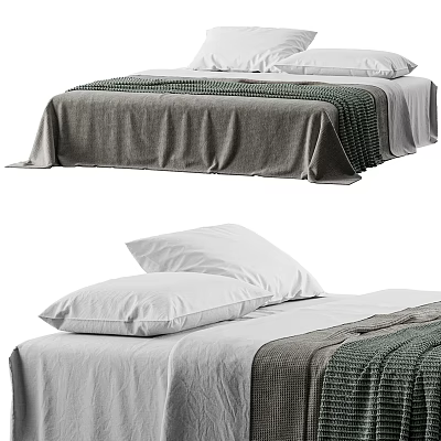 Modern Double Bed With White Pillows And Gray Knit Blanket On White Sheets 3d model