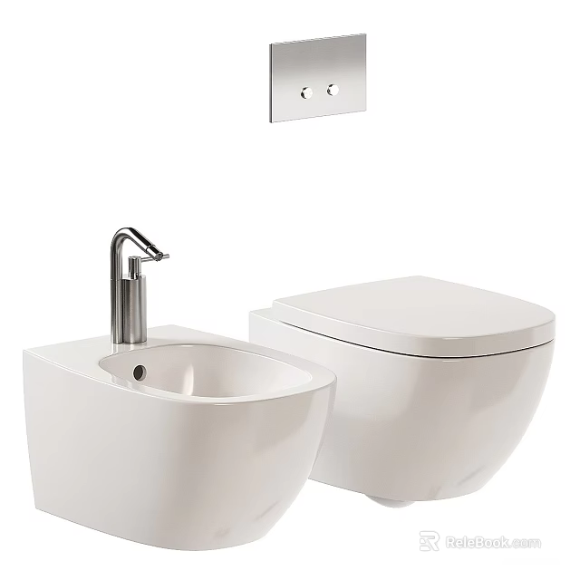 Modern White Toilet With Bidet Sink And Wall Mounted Control Panel In Contemporary Bathroom 3d model 