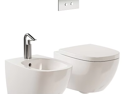 Modern White Toilet With Bidet Sink And Wall Mounted Control Panel In Contemporary Bathroom 3d model