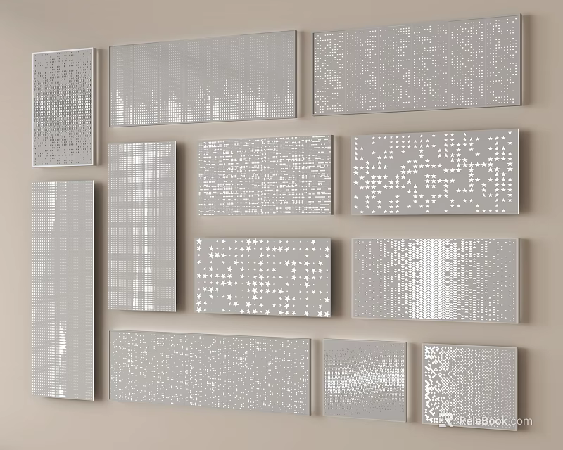 Decorative Metal Panels With Various Patterns Arranged On Wall Surface 3d model
