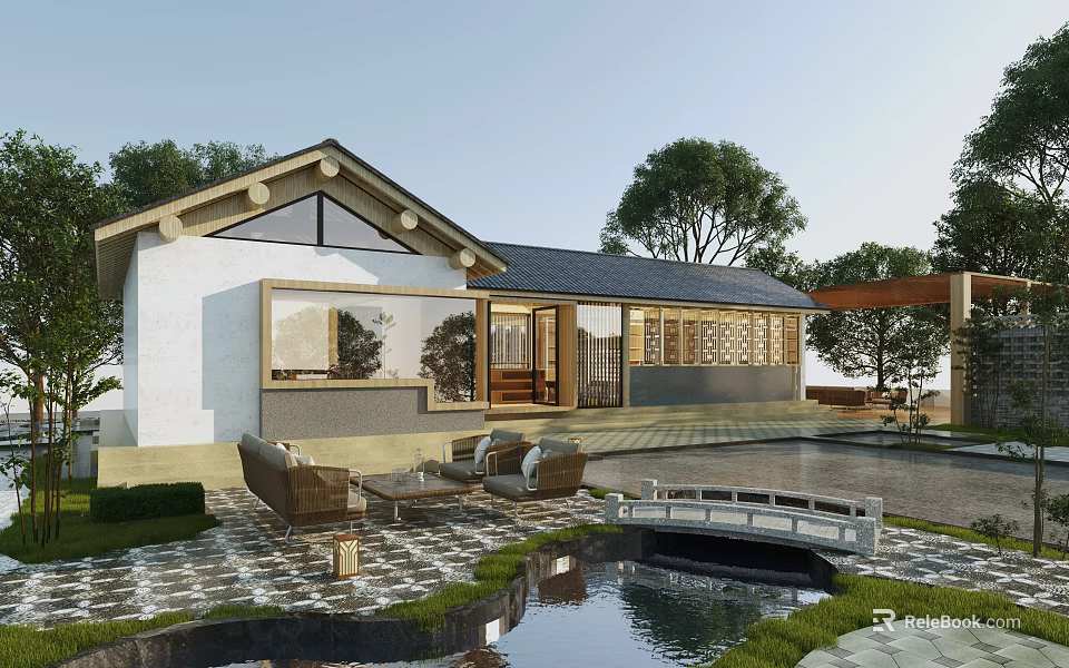 Traditional Style Rural Self-built House With Sloped Roof White Walls Courtyard Pond Bridge And Outdoor Seating 3d model 