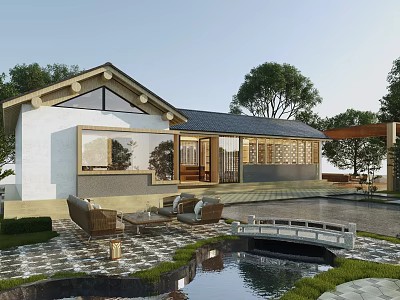 Traditional Style Rural Self-built House With Sloped Roof White Walls Courtyard Pond Bridge And Outdoor Seating 3d model