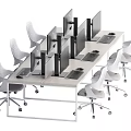 Modern Office Desk Setup With Multiple Computer Monitors And White Chairs 3d model
