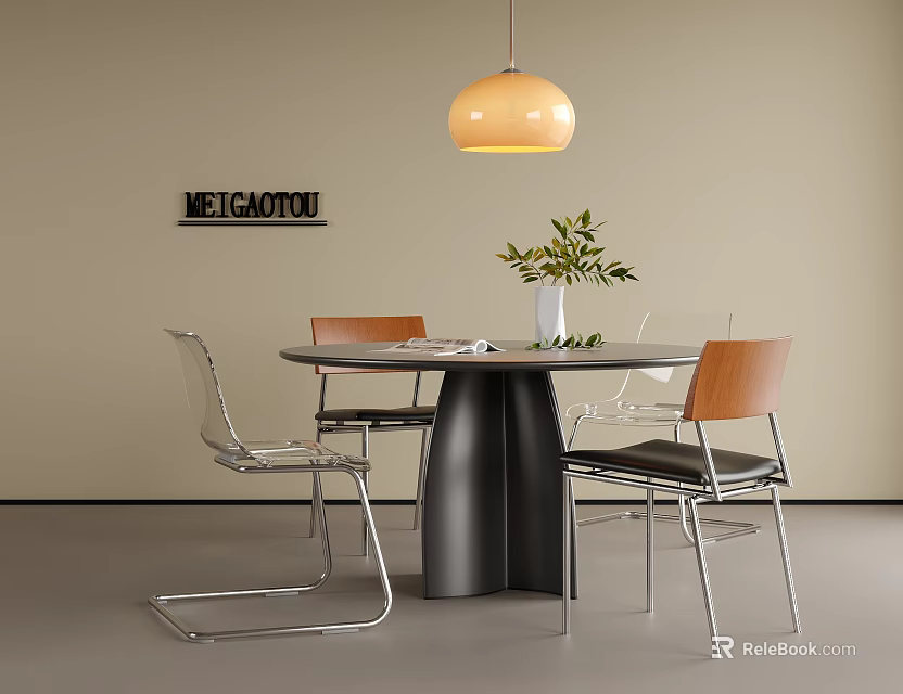 Modern Round Dining Table and Chairs Set with Transparent and Wooden Back Chairs Green Plant 3d model 