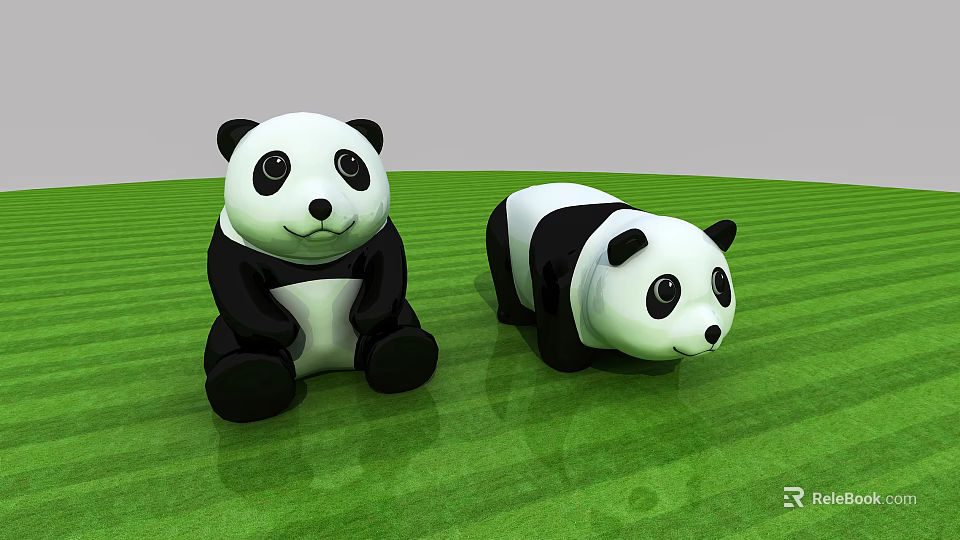 Two Adorable Panda Toys Sitting And Lying On Green Grassy Field 3d model 