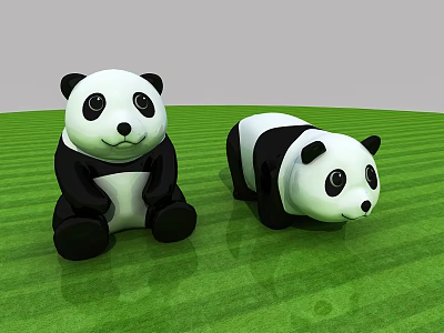 Two Adorable Panda Toys Sitting And Lying On Green Grassy Field 3d model
