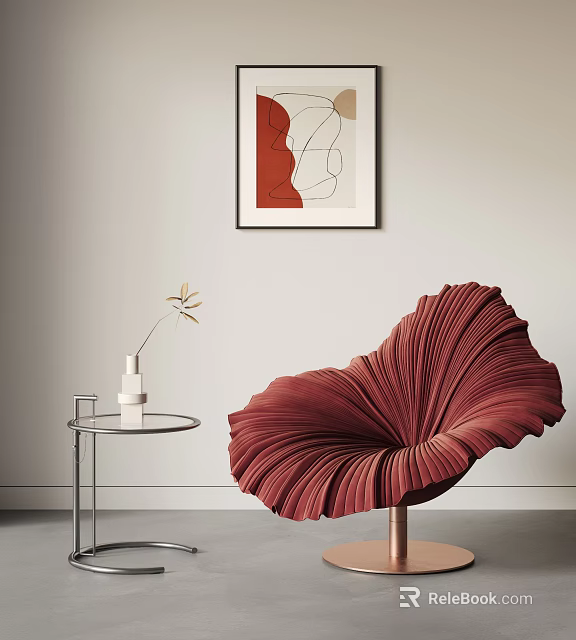 Red Pleated Velvet Leisure Chair With Petal Shape And Side Table Vase Artwork 3d model 