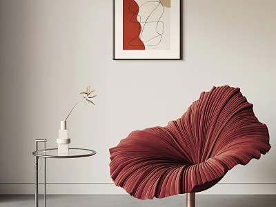 Red Pleated Velvet Leisure Chair With Petal Shape And Side Table Vase Artwork 3d model