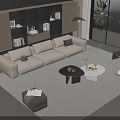 Modern Beige Sofa And Coffee Table Set With Striped Rug And Floor To Ceiling Windows