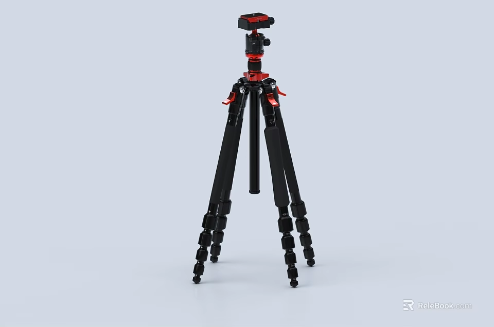 Sturdy Black and Red Commercial Tripod with Adjustable Legs and Head Mount 3d model 
