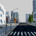 Cartoon City Scene With White Buildings Central Hexagonal Structure Green Trees And Roads