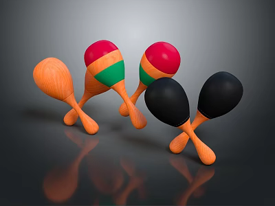 Vibrant Wooden Maracas Musical Instruments With Red Green Black Orange Spherical Heads And Reflection 3d model