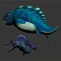 Vibrant Blue Green Finned And Purple Spiky Mythical Creatures With Fangs And Tongue Out