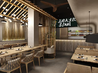 Asian Style Restaurant Interior With Wooden Beams Pendant Lights Bamboo Decor And Bar Counter 3d model
