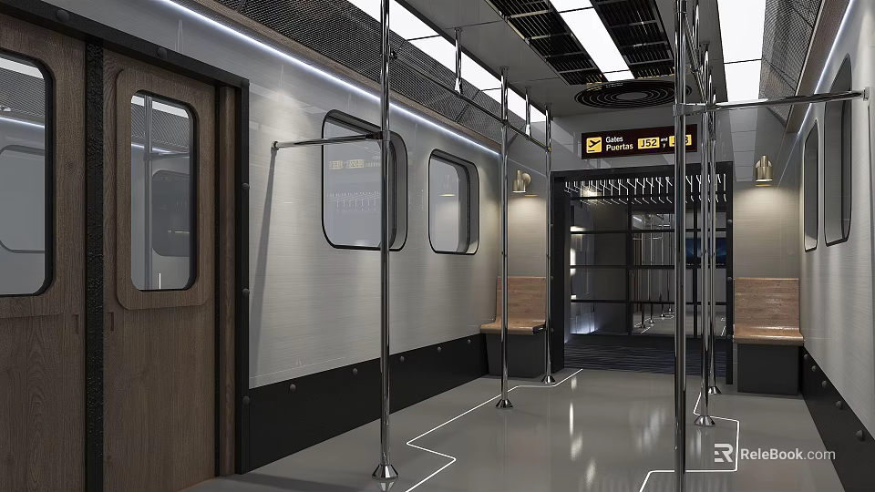 Modern Subway Car Interior With Metal Handrails Seats And Exit Sign 3d model 